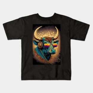 Psychedelic bull with headphones and sunglasses Kids T-Shirt